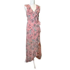 Jopna Maxi Dress Floral Pink Wrap Look Tie waist Ruffle Lined Size Small